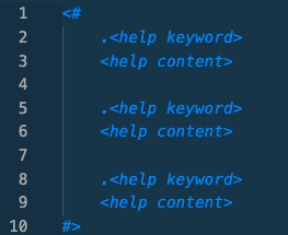 Screenshot: Notation of help keywords and content in a script