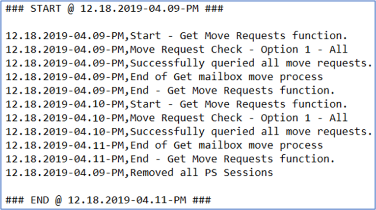 log file with START END actions logged