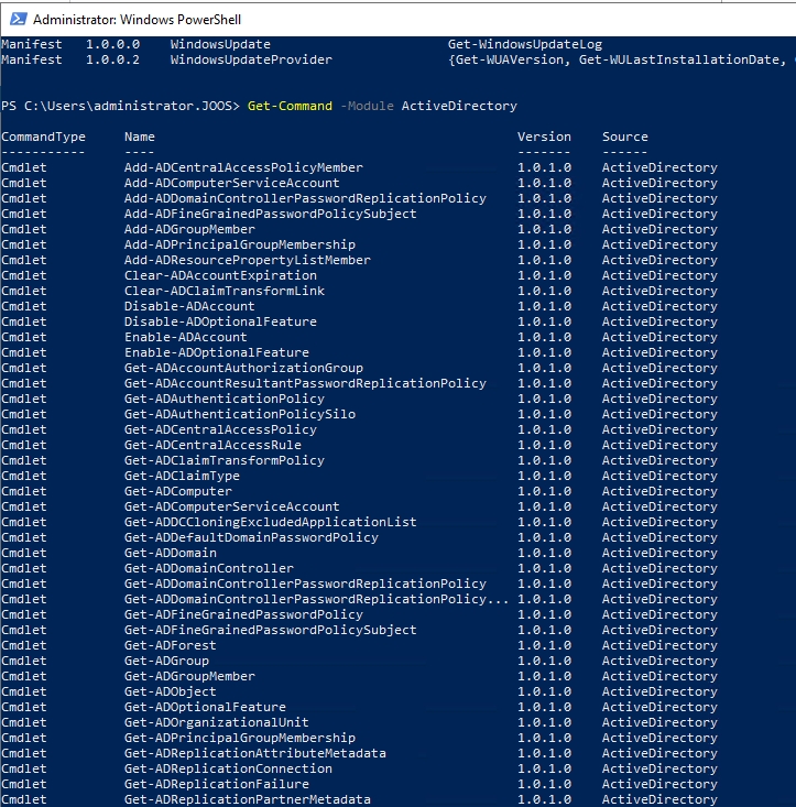 Viewing the individual cmdlets for managing Active Directory with PowerShell