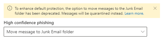 Screenshot: High confidence phishing, drop-down menu: Move message to Junk Email folder
