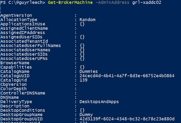 PowerShell output from running Get-BrokerMachine with the -AdminAddress argument