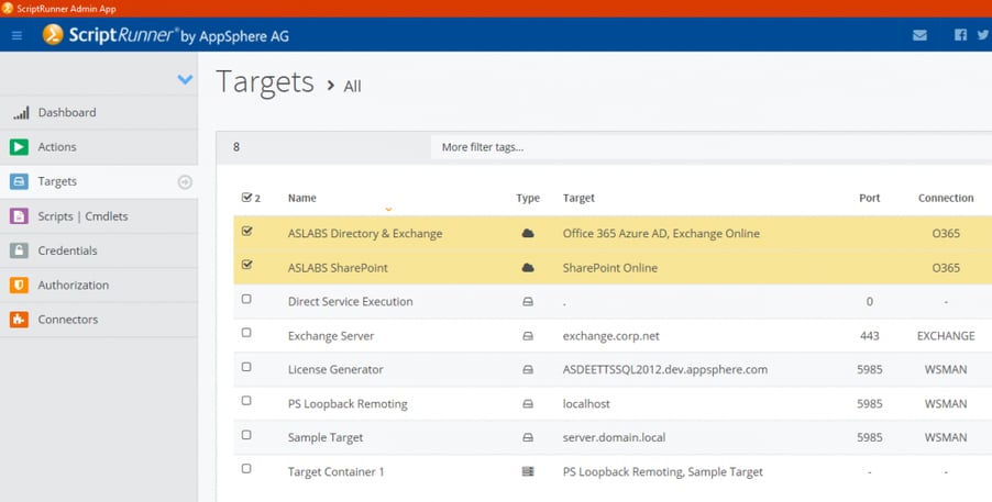 Screenshot: Overview of the target systems in the ScriptRunner Admin App