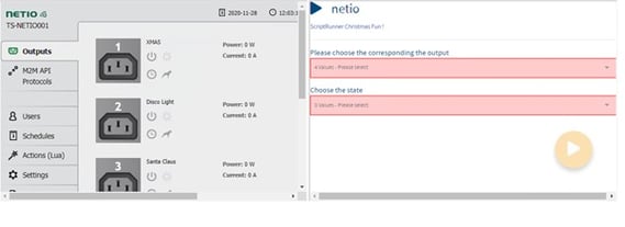Screenshot: Overview of NETIO outputs in the web interface next to the ScriptRunner Action that's used for controlling the test setup