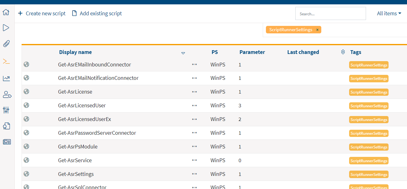 Screenshot: List of ScriptRunnerSettings PowerShell module cmdlets in the Script Library.