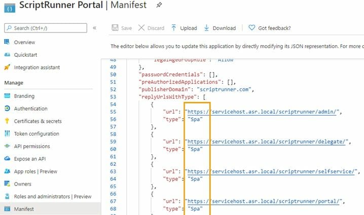 Screenshot of ScriptRunner Portal Manifest: ScriptRunner Web Apps mode is set to 