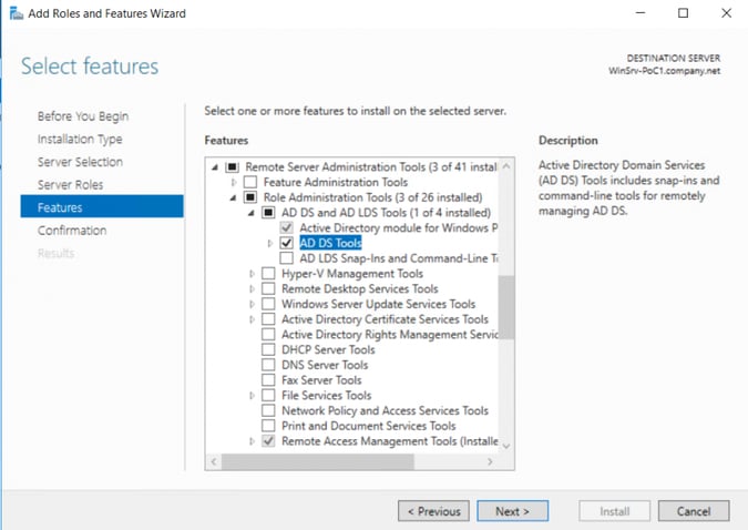 Figure 2: Screenshot of the Windows Admin Center, installation of the remote administration tools for Actice Directory