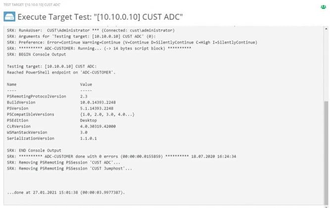 Screenshot Protokoll eines Verbindungstests in ScriptRunner