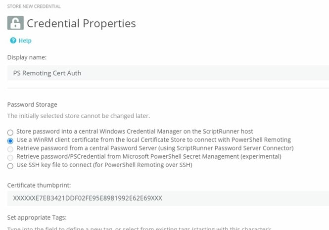 Screenshot des neuen ScriptRunner Credentials für Zertifikats-basierte Authentifizierung mit WinRM