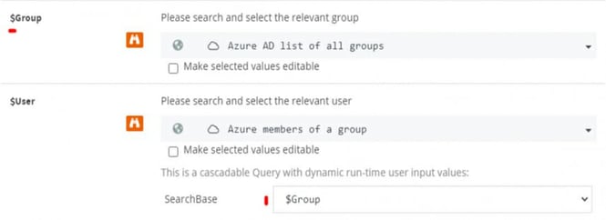 Screenshot einer ScriptRunner Aktion: Die Ergebnisse der Azure Queries stehen im Eingabformular der Aktion als Auswahl zur Verfügung