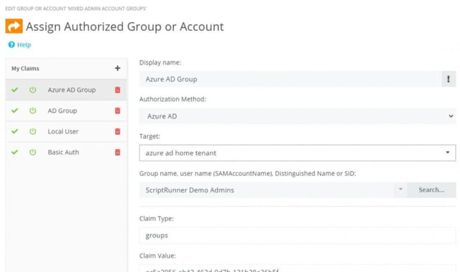 Screenshot ScriptRunner Portal: Function for adding new groups or accounts