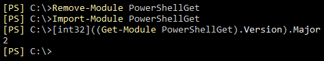 Screenshot: Removing the old PowerShellGet version via PowerShell and Importing the new version