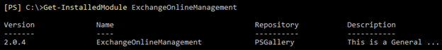 Screenshot: The output of Get-InstalledModule ExchangeOnlineManagement