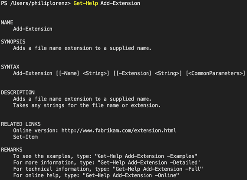 PowerShell output of the Get-Help cmdlet. A list of meta information is displayed.