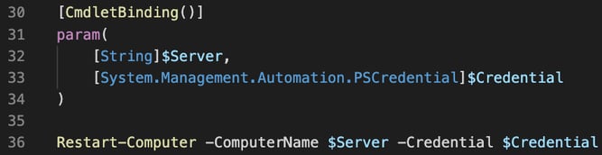 Code snippet in which information is passed to a PowerShell script via parameter binding 