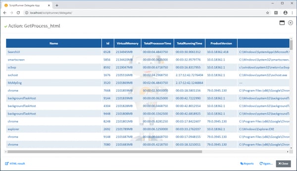 Figure 1: Display of ConvertTo HTML reports in ScriptRunner