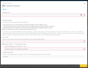Screenshot Admin App: The "Credential Properties" tab of the credential configuration is open. The options "Use SSH key file to connect (for PowerShell Remoting over SSH)" and "SSH Key file path" are selected