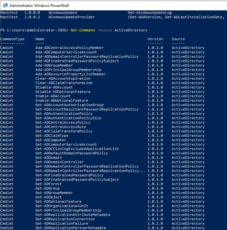 Screenshot PowerShell ISE: Anzeigen der Cmdlets zur Verwaltung von Active Directory