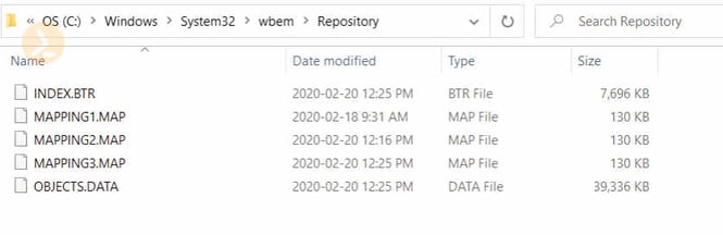 Screenshot of Windows explorer, showing the location of WMI at “C:WindowsSystem32wbemRepository”