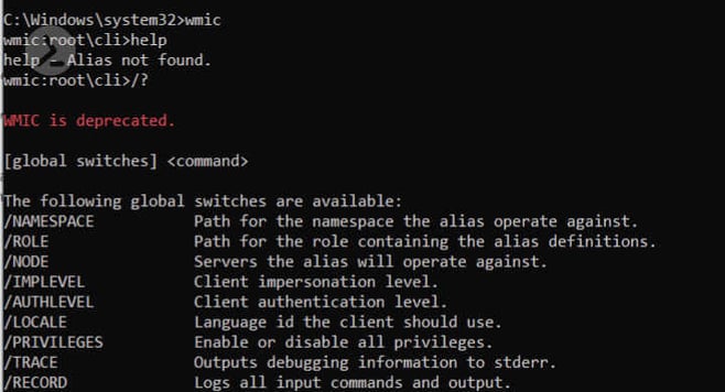 Screenshot of the Windows Command Prompt, displaying the WMIC help message indicating that the command is deprecated