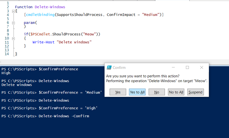 Screenshot: Adding the -Confirm switch when calling the function triggers the confirm dialogue box