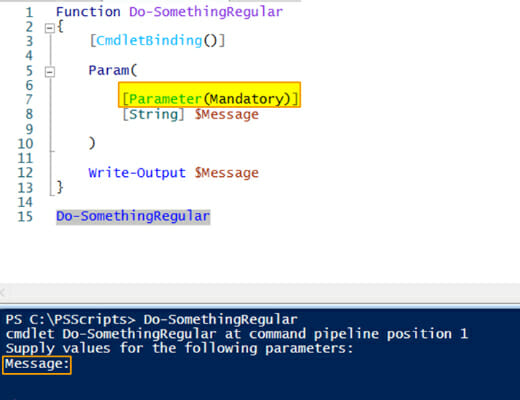 Screenshot: Declaring a PowerShell parameter as mandatory