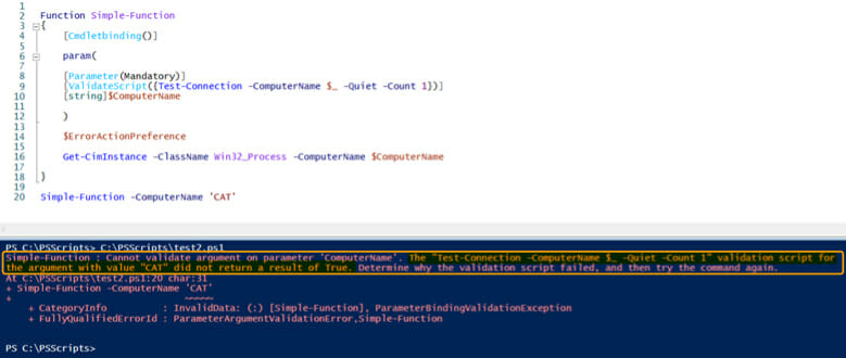 Screenshot: Validating a PowerShell script with the ValidateScript parameter