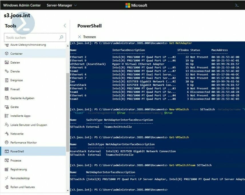 Screenshot des Windows Admin Centers. der Tab "Virtuelle Computer" ist geöffnet