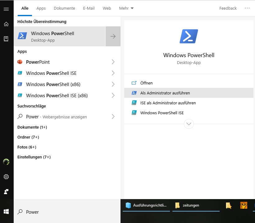Screenshot: Start menu in Windows 10, context menu of the PowerShell application. The item 'Run as administrator' is highlighted