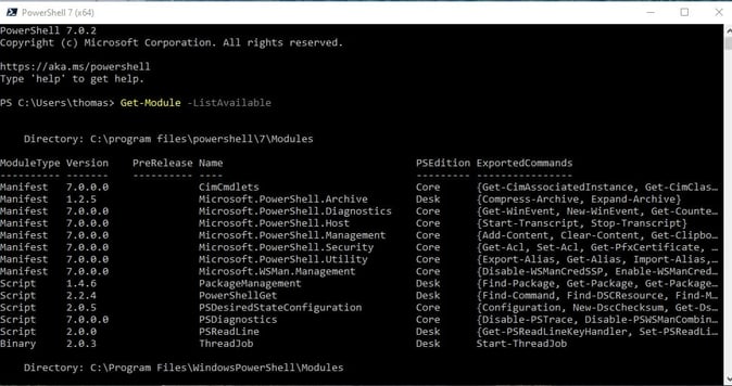 Screenshot Windows Terminal: List of available PowerShell modules as output of the Get-Module -ListAvailable command 