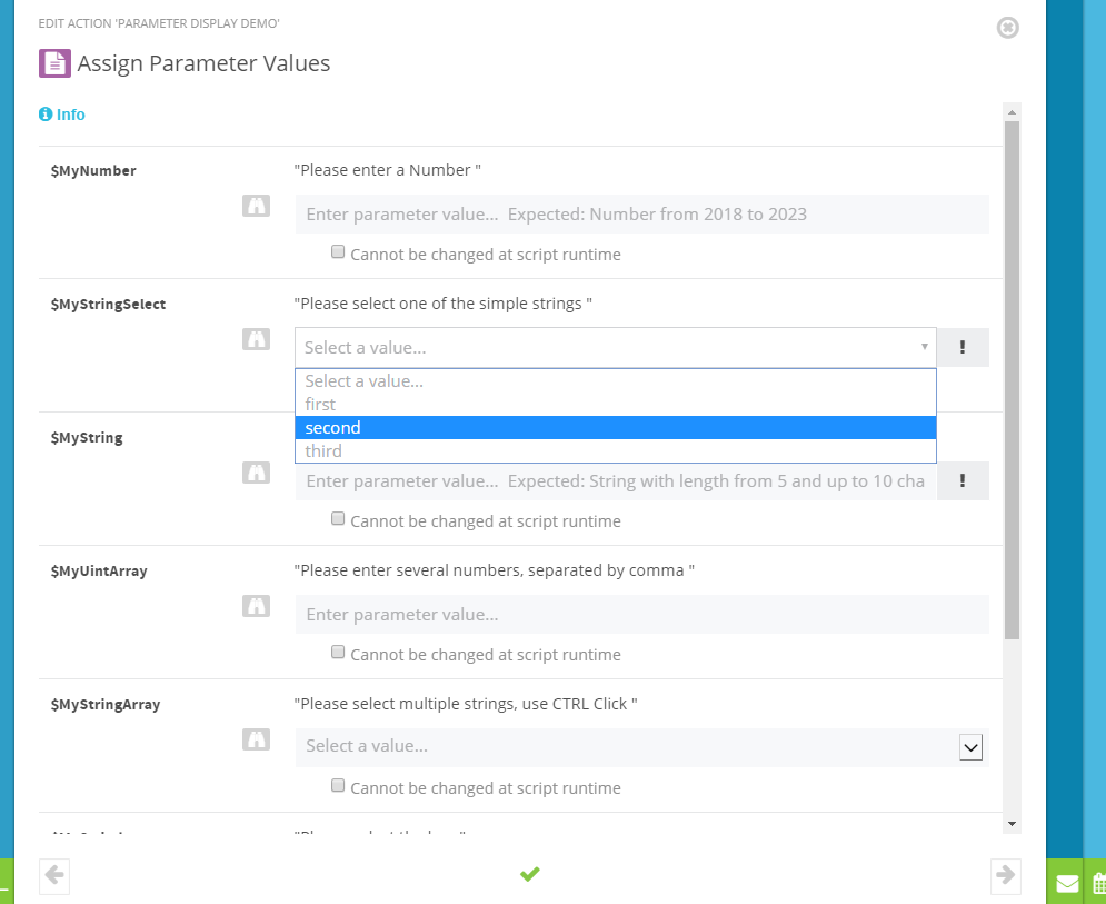Screenshot: Assign parameter values in the ScriptRunner Admin App