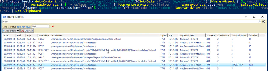 Screenshot of PowerShell ISE: formatting a IIS log in a grid view with Out-GridView