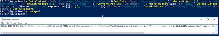 Screenshot PowerShell ISE: Output of the command mentioned before