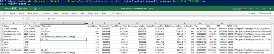 Screenshot: Exporting data retrieved with PowerShell into a .csv file