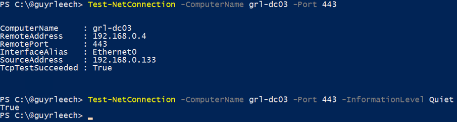 Screenshot of PowerShell ISE: The command Test-NetConnection delivers as output information about the internet connection