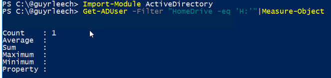 Screenshot of PowerShell ISE: The command descrived in the text delivers as output the number of users whose homedrive equals 