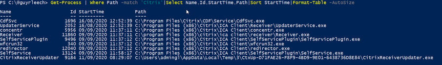 Screenshot of PowerShell ISE: The command described in the text delivers as output all processes whose path contains CITRIX