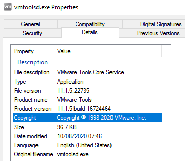 Screenshot of vmtoolsd.exe properties.